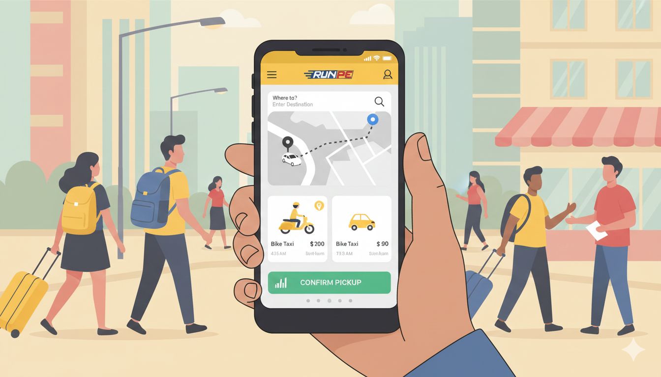 RUNPE app screen for entering pickup and drop location